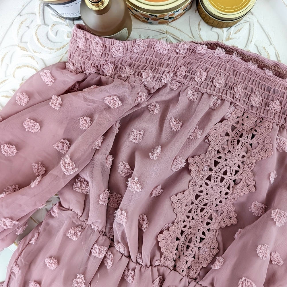 Romantic Blush Off-Shoulder Mini Dress with Textured Dots - Picture 4 of 4